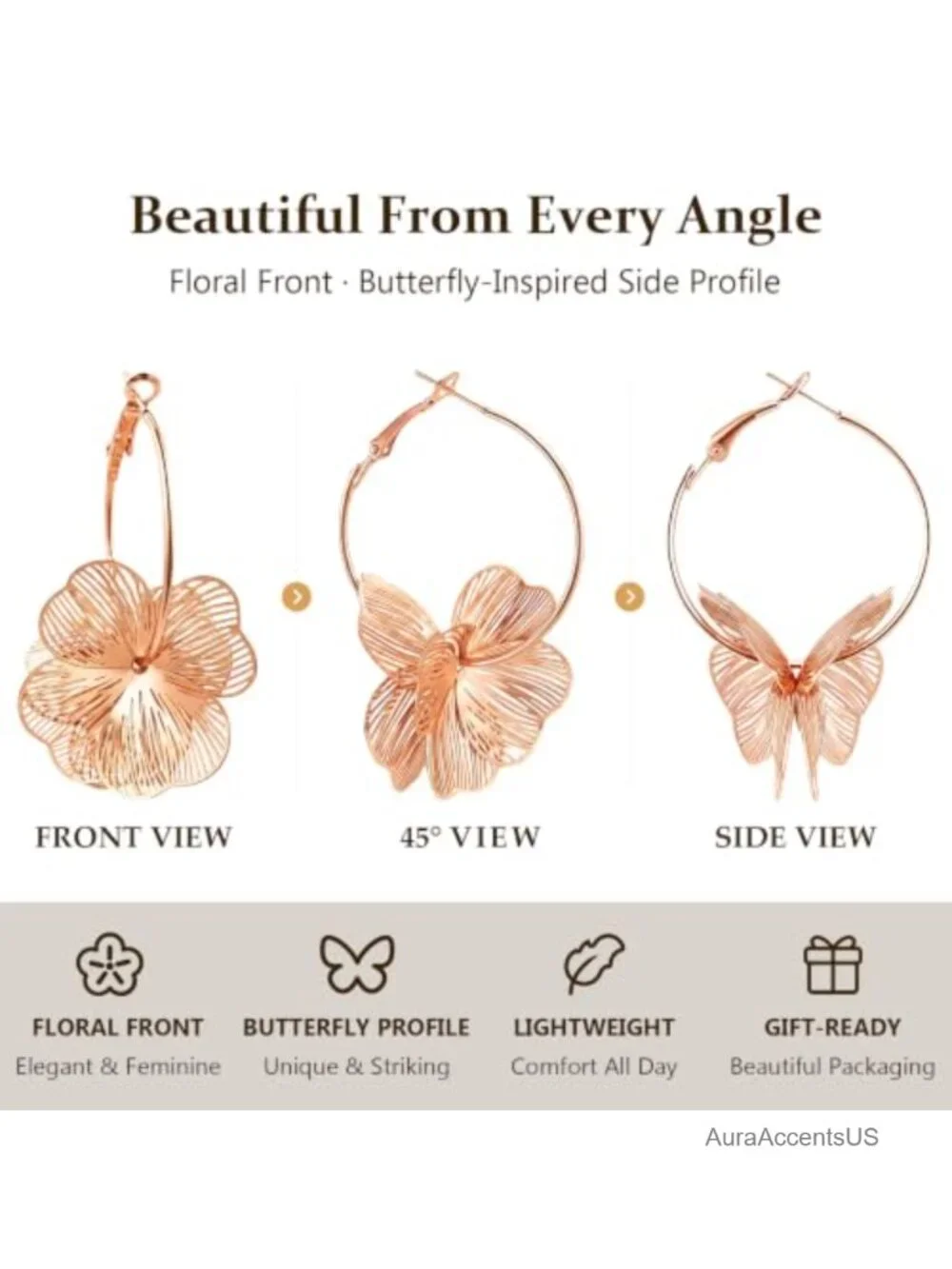 Gold Flower Dangle Earrings Women Floral Hoop Trendy Jewelry Lightweight